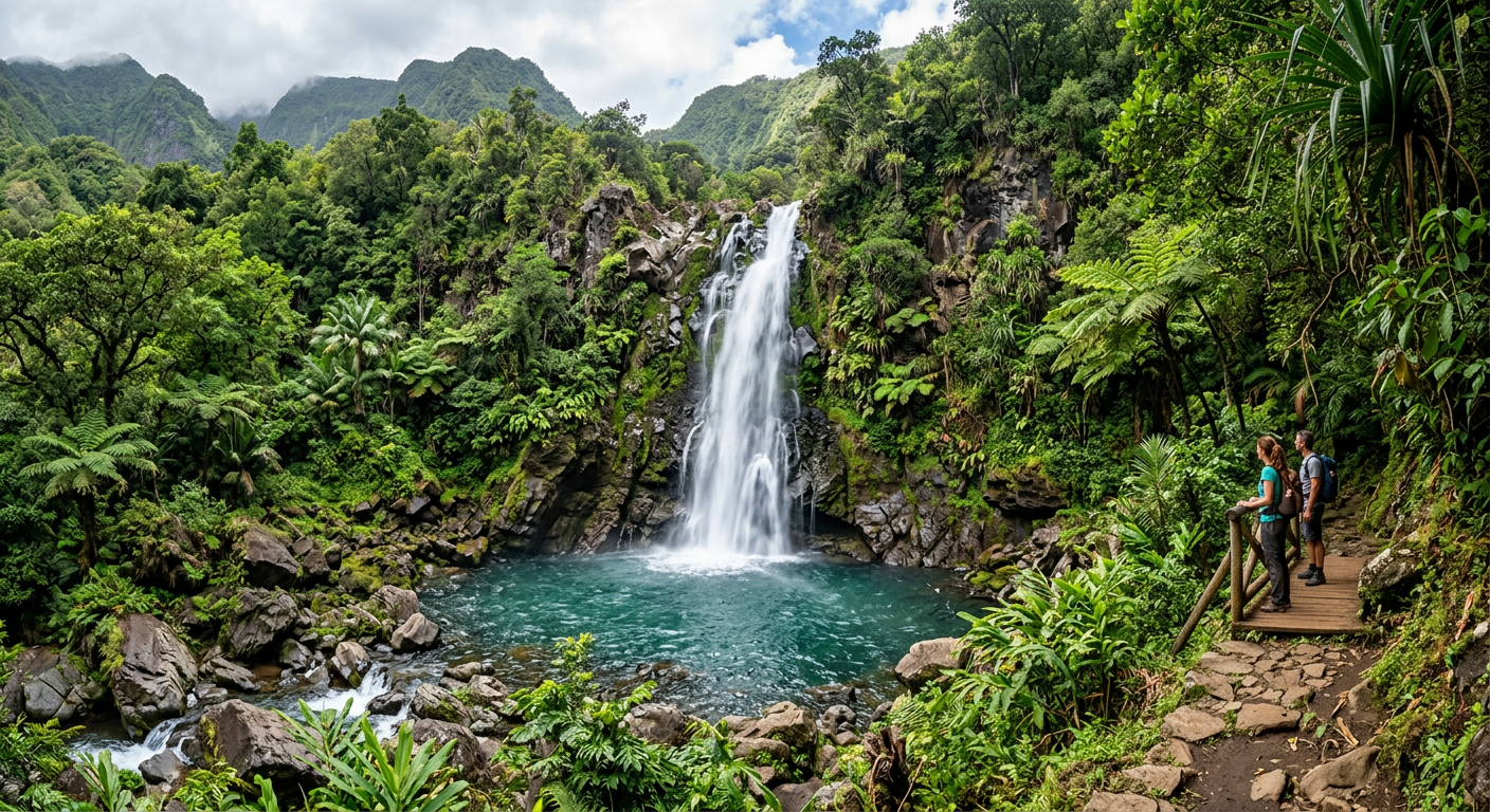 Cascade tropicale dans une vegetation luxuriante a La Reunion